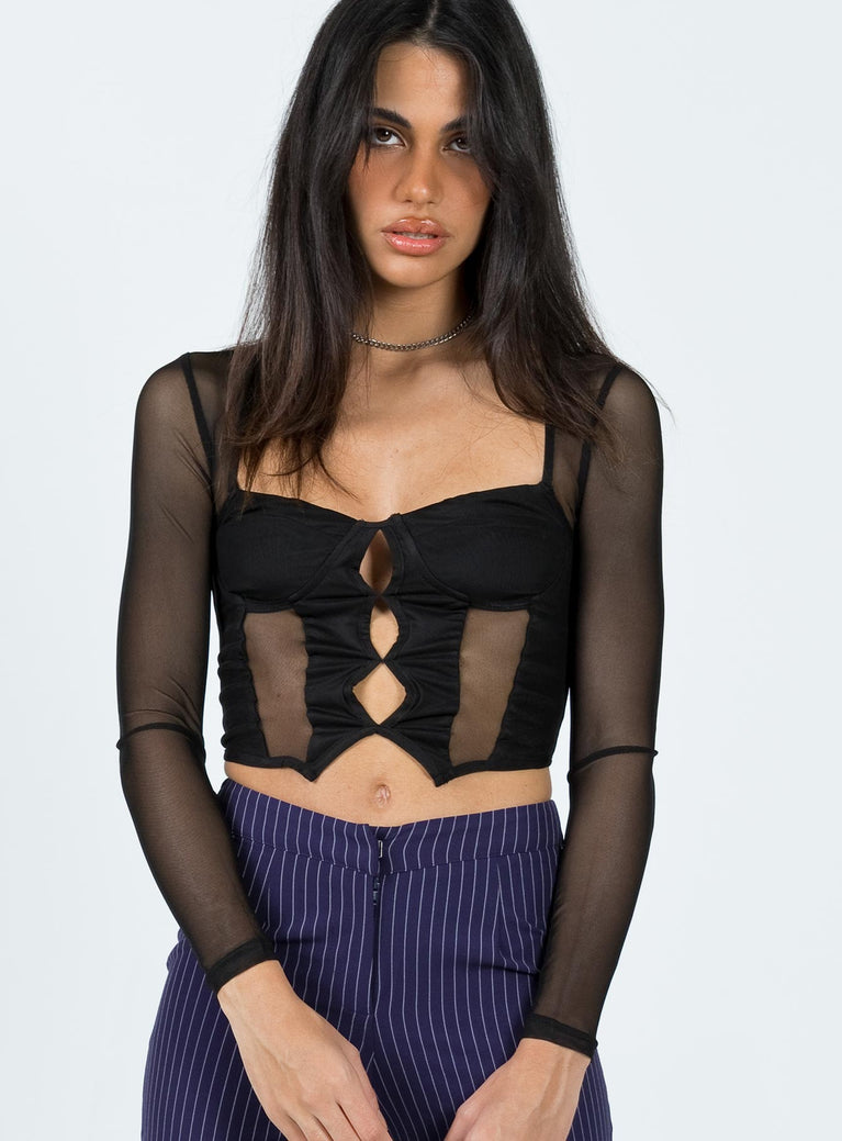 Long sleeve corset Mesh material Square neckline Cut out detail at front Double pointed hem