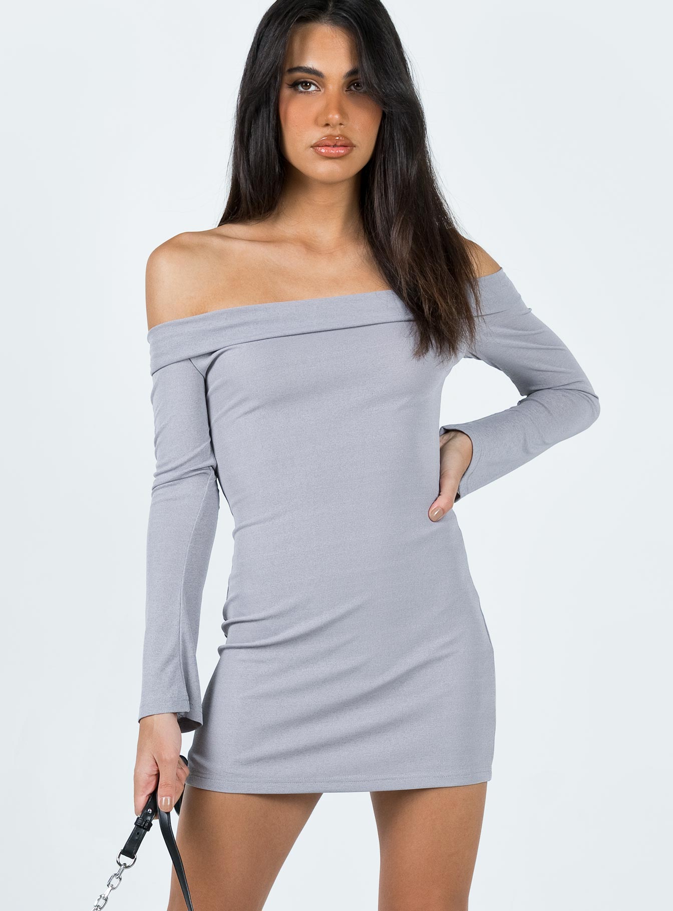 Front view of model wearing  front Princess Polly Asymmetric Neckline Asymmetric Neckline  Anya Mini Dress Grey
