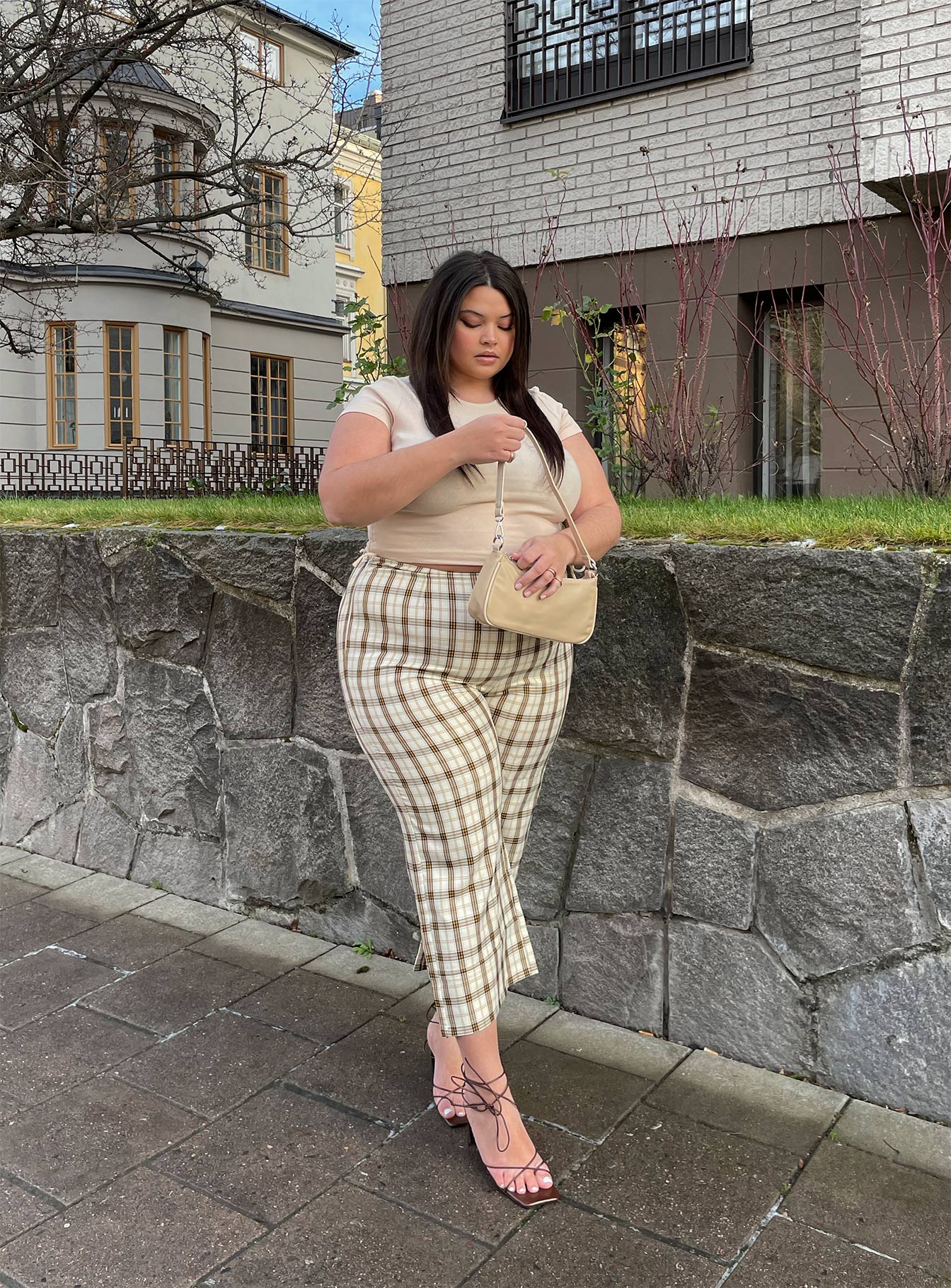 side view of model wearing Princess Polly Euros Pants Yellow Check Curve 