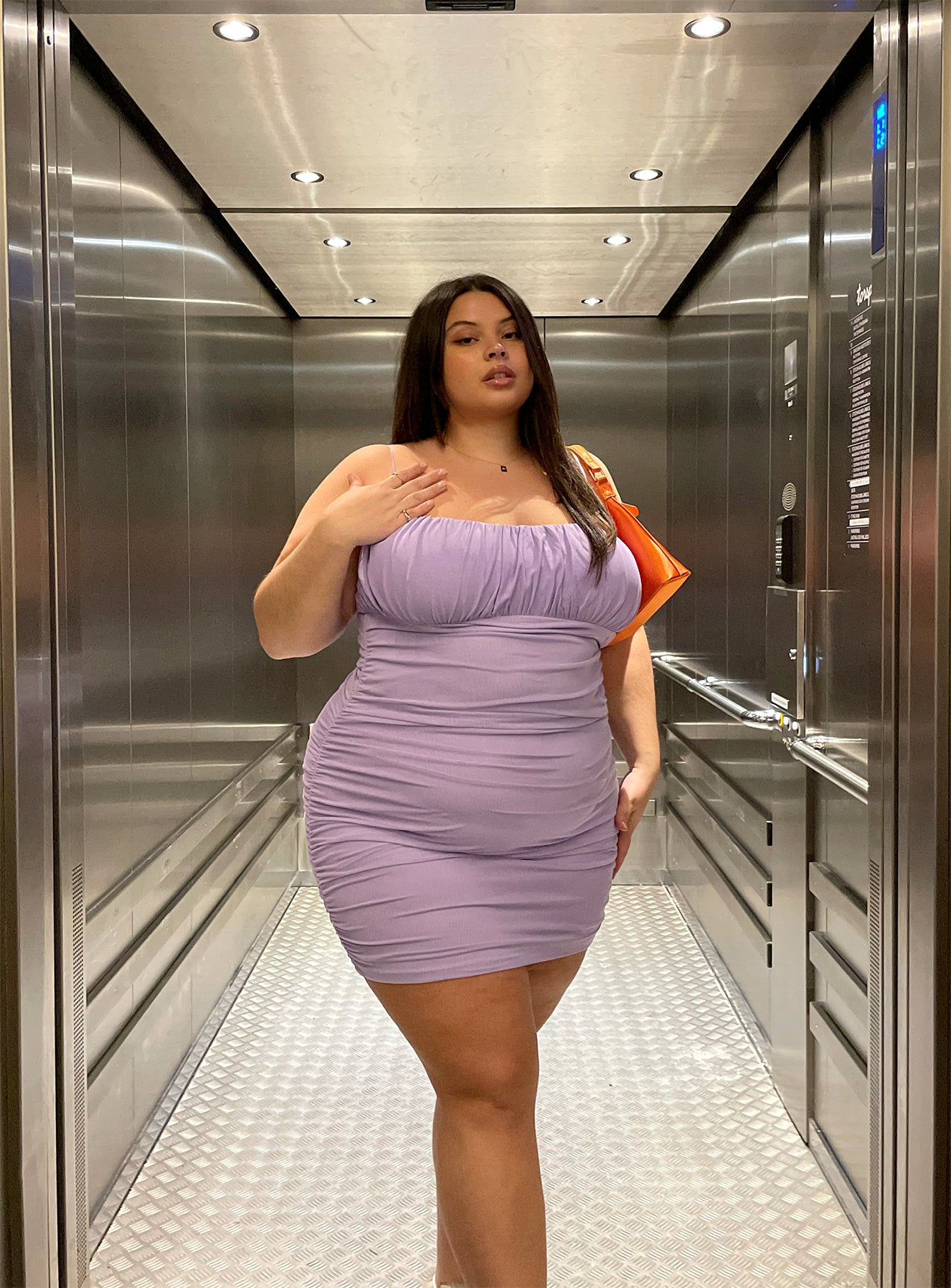 front view of model wearing Princess Polly Penney Mini Dress Purple Curve 