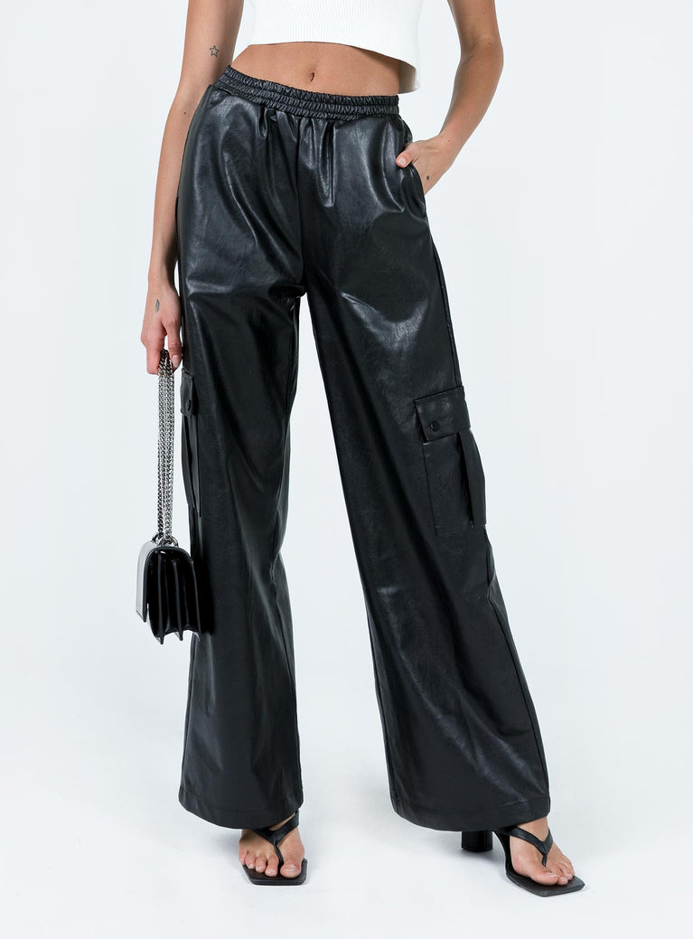 Lista Faux Leather Elastic Pocket Pants Black