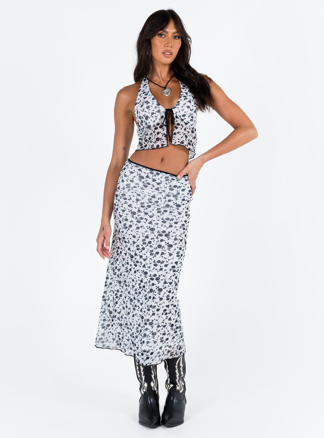 Matching set Mesh material Floral print Crop top Halter neck tie Split hem Tie fastening at bust Maxi skirt Low rise