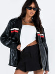 Black jacket Faux leather material Twin press button fastening at neck Zip fastening at front