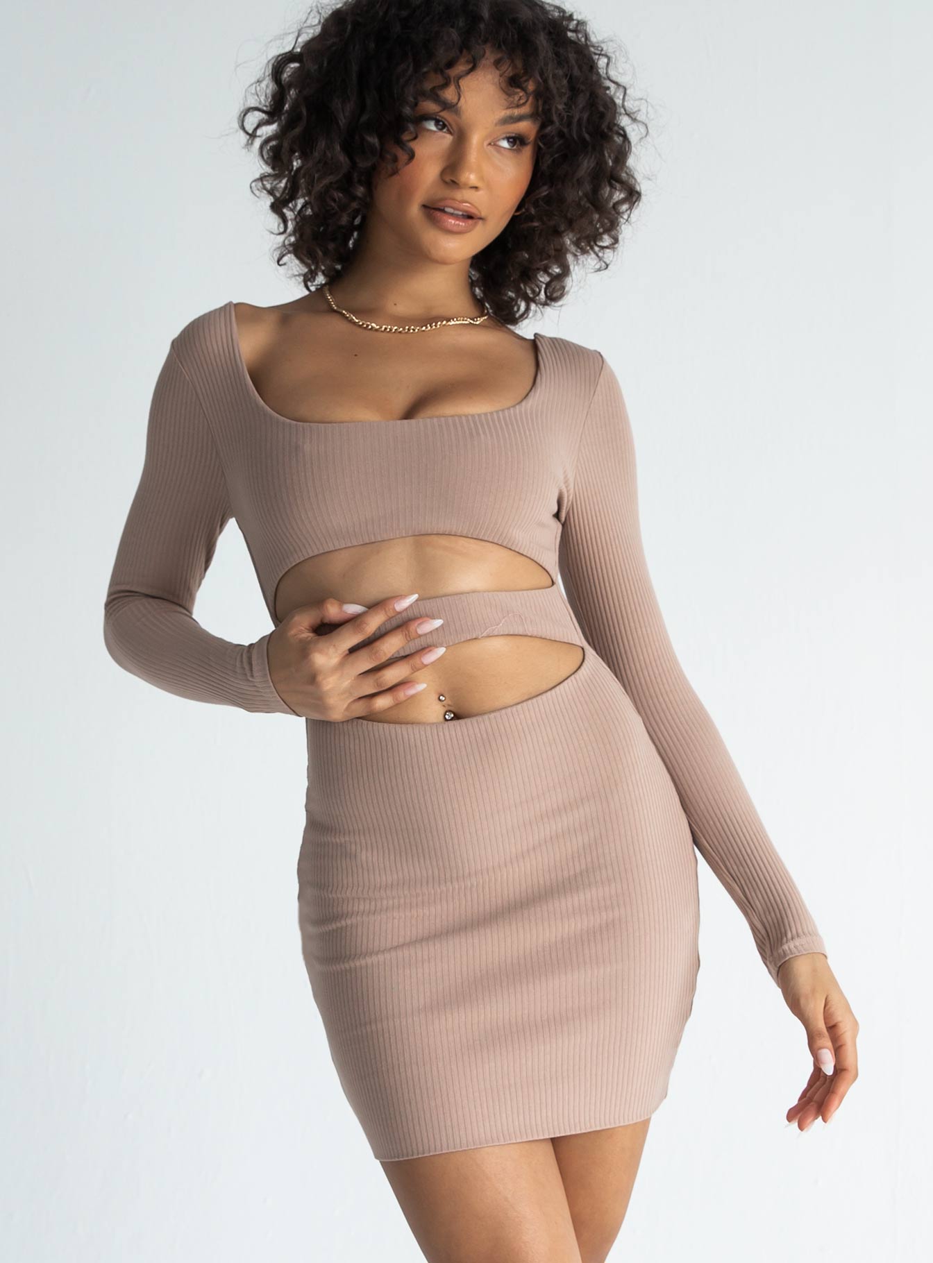 front view of model wearing Princess Polly Taurus Mini Dress Beige 