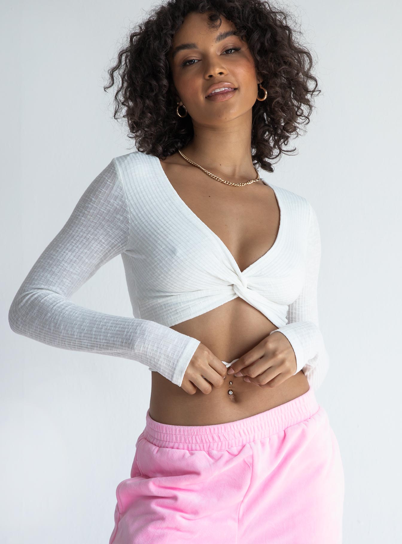 front view of model wearing Princess Polly Despina Long Sleeve Top White 