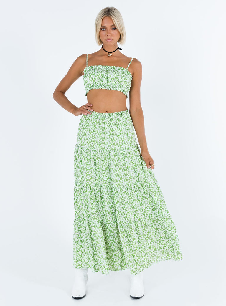 Matching set Floral print Crop top Adjustable shoulder straps Ruched design Frill detail Maxi skirt Thin elasticated band at waist Tiered skirt