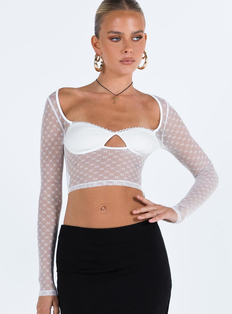 Long sleeve crop top Sheer mesh material Sweetheart neckline Keyhole cut out Good stretch Lined bust