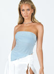 Strapless top Sparkly material Inner silicone strip at bust Asymmetrical pointed hem Good stretch Lined bust
