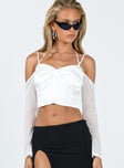 Long sleeve top Satin & mesh material Off the shoulder design Sheer mesh sleeves Halter neck tie fastening Adjustable shoulder straps Pleated knot design at bust Zip fastening at back Non-stretch Partially lined