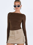 Brown long sleeve top High neckline Low back Twist detail at back Good stretch Unlined 
