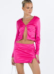 Pink matching set Silky material Long sleeve top V neckline Hook and eye fastening at bust Split hem Mini skirt Invisible zip fastening at back