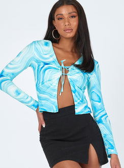 front view of model wearing Princess Polly Danica Long Sleeve Top Blue 
