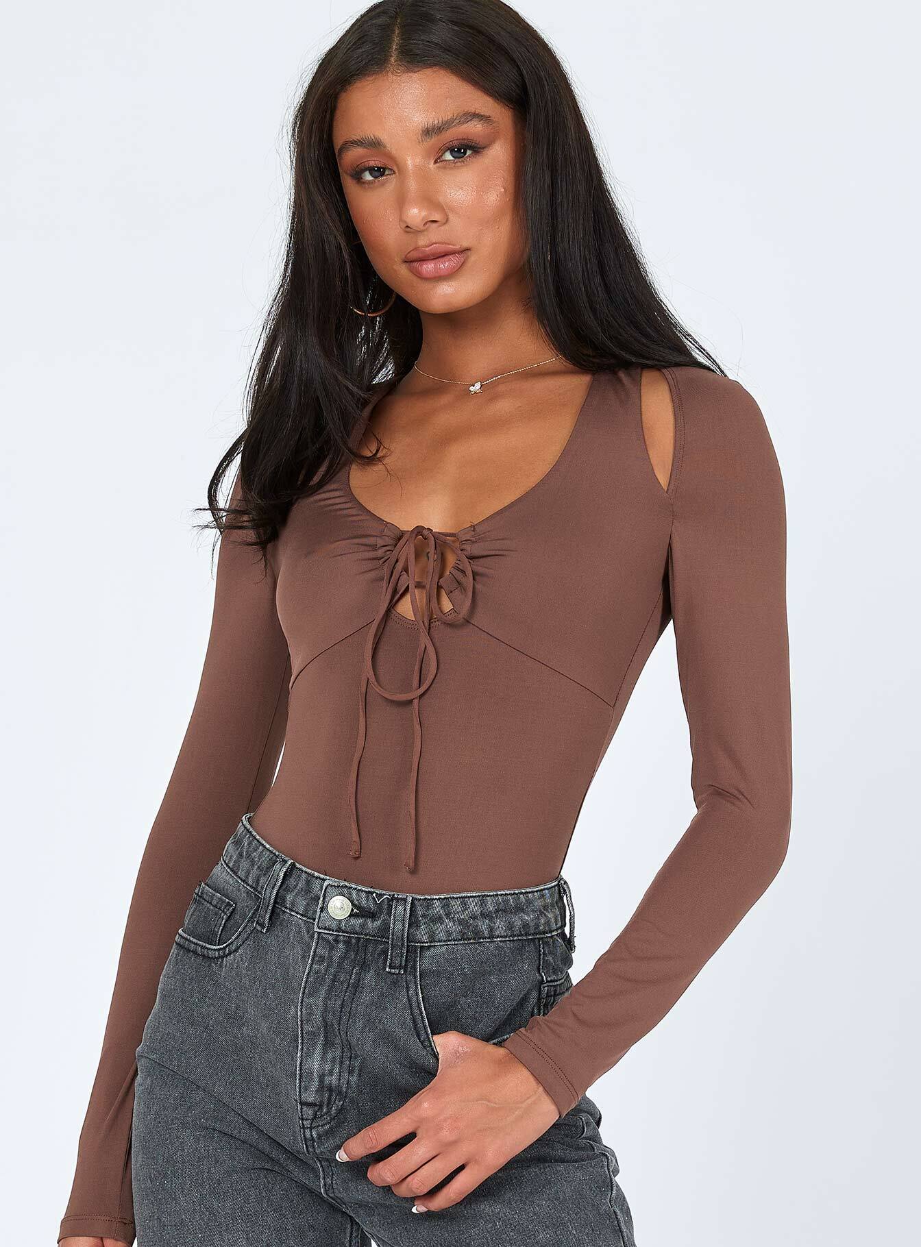 front view of model wearing Princess Polly Valentina Bodysuit Brown Sleeveless Scoop Neck 