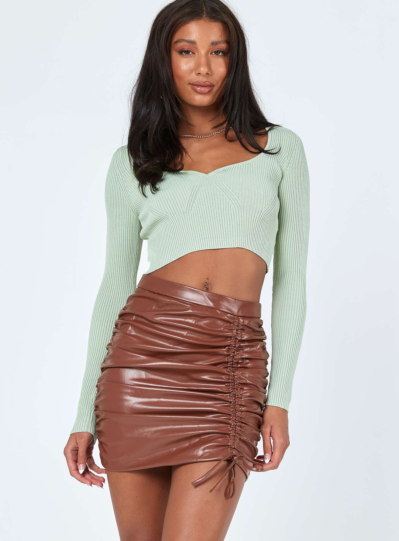   front view of model wearing Princess Polly Davis Ruched PU Mini Skirt Brown 