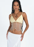 front view of model wearing Princess Polly Cecelia Embroidery Top Gold Sleeveless V-Neck 