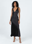 Maxi dress Silky material V neckline Gathered detail at bust Invisible zip fastening at side Tie fastening at back