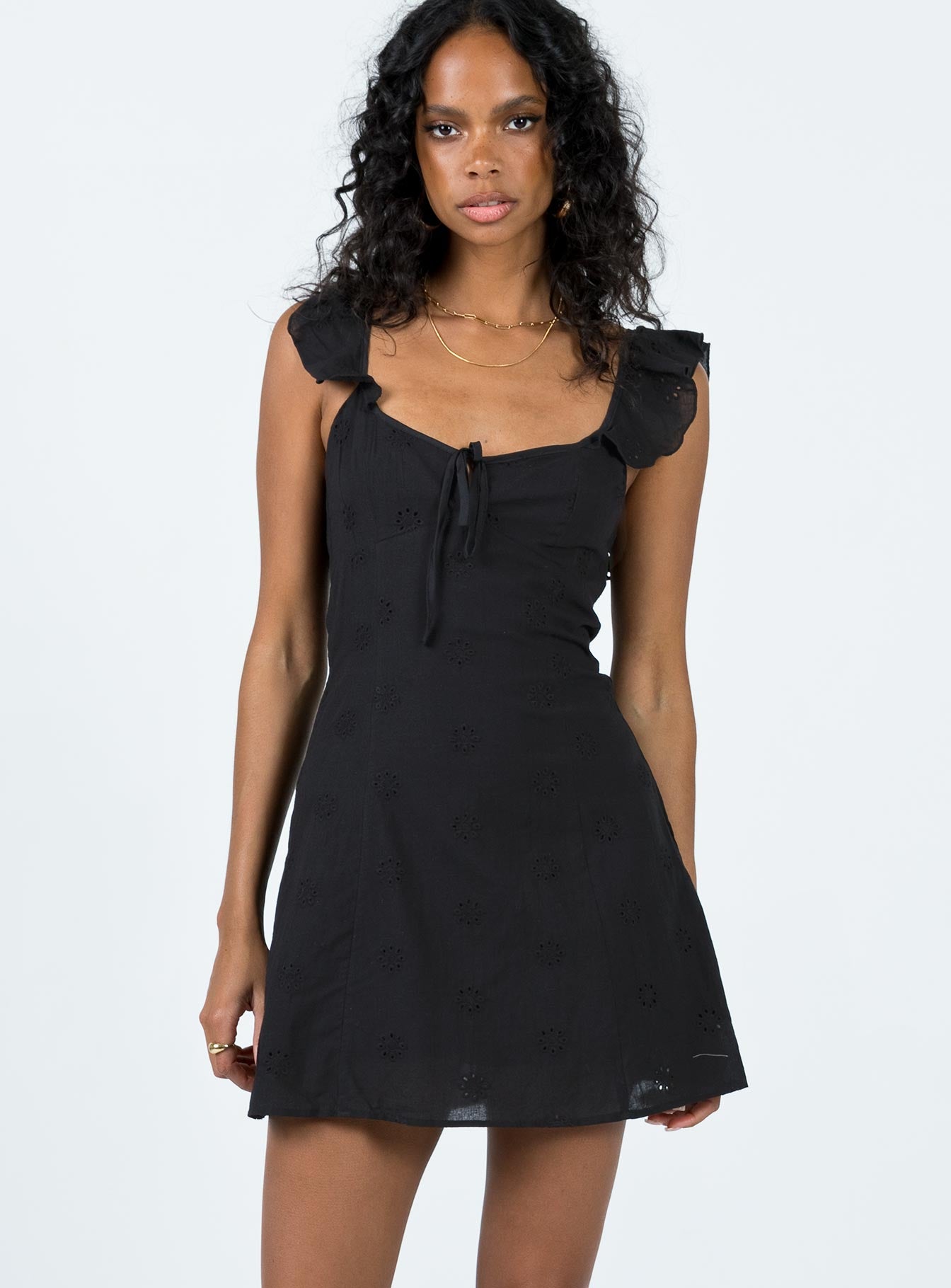 Front view of model wearing  front Princess Polly Square Neck  Besiana Mini Dress Black