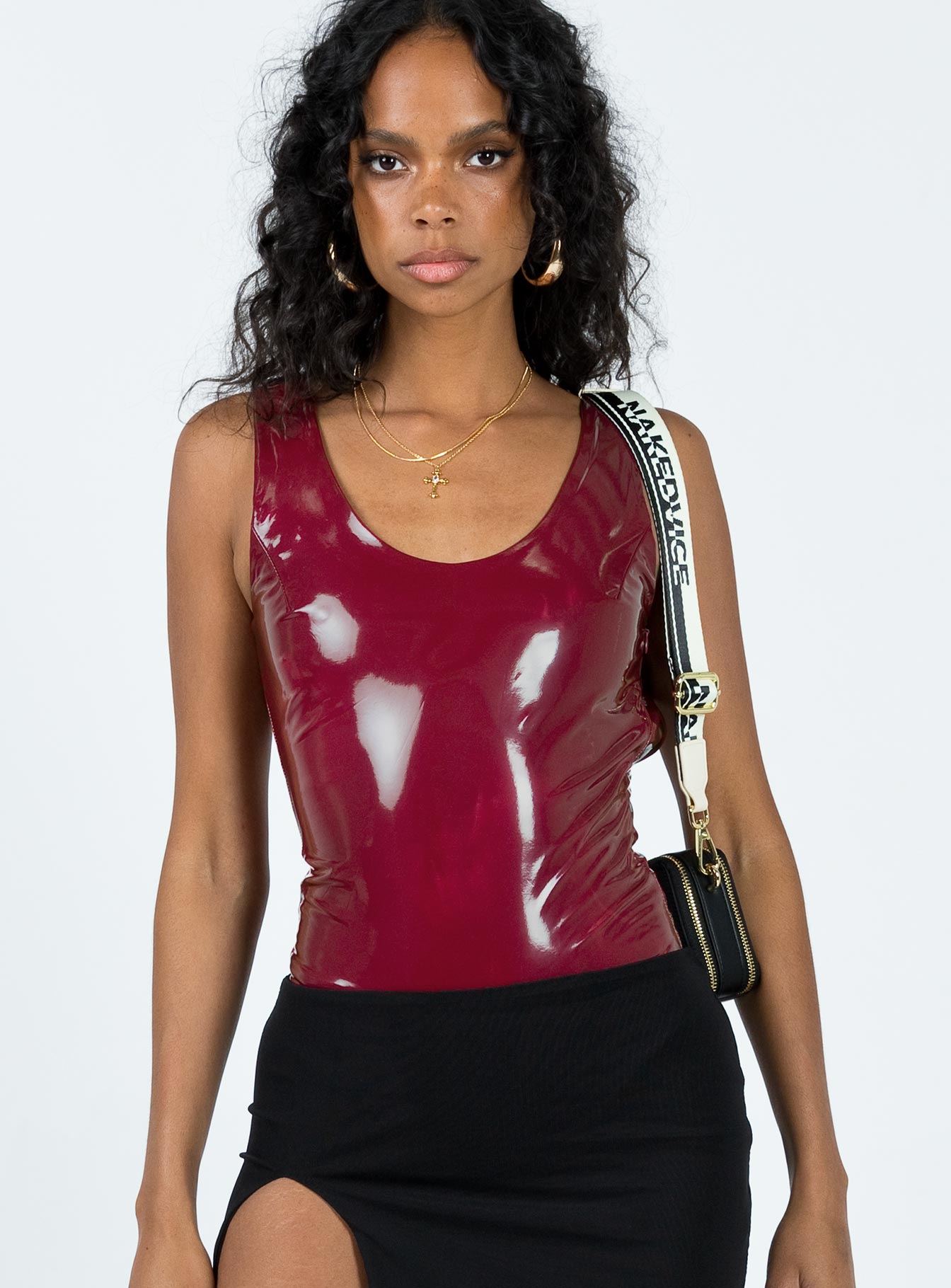 front view of model wearing Princess Polly Alderly Faux Leather Bodysuit Maroon Sleeveless Scoop Neck 