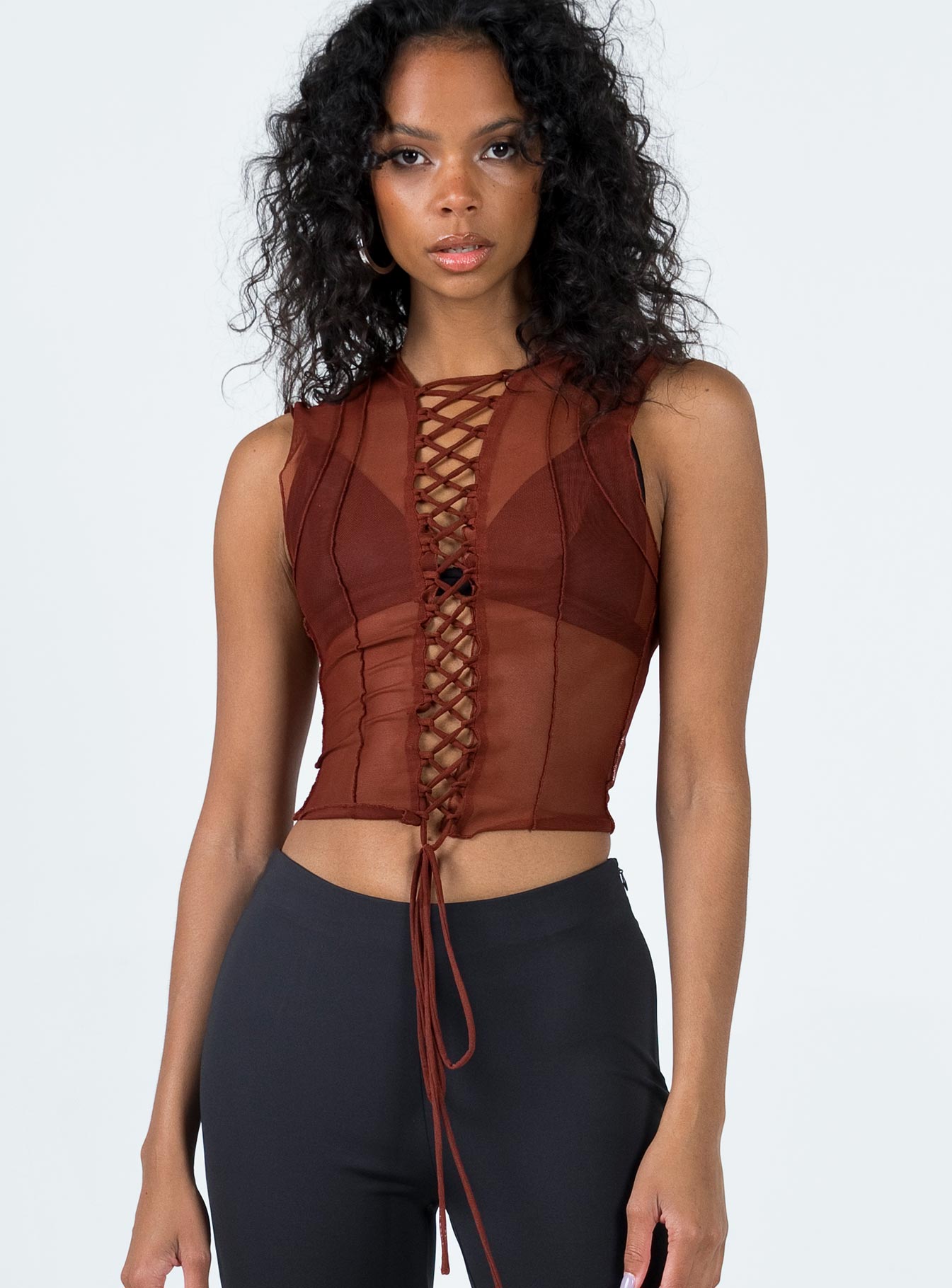 product Princess Polly Sleeveless Crew Neck  Carlingford Lace Up Top Brown