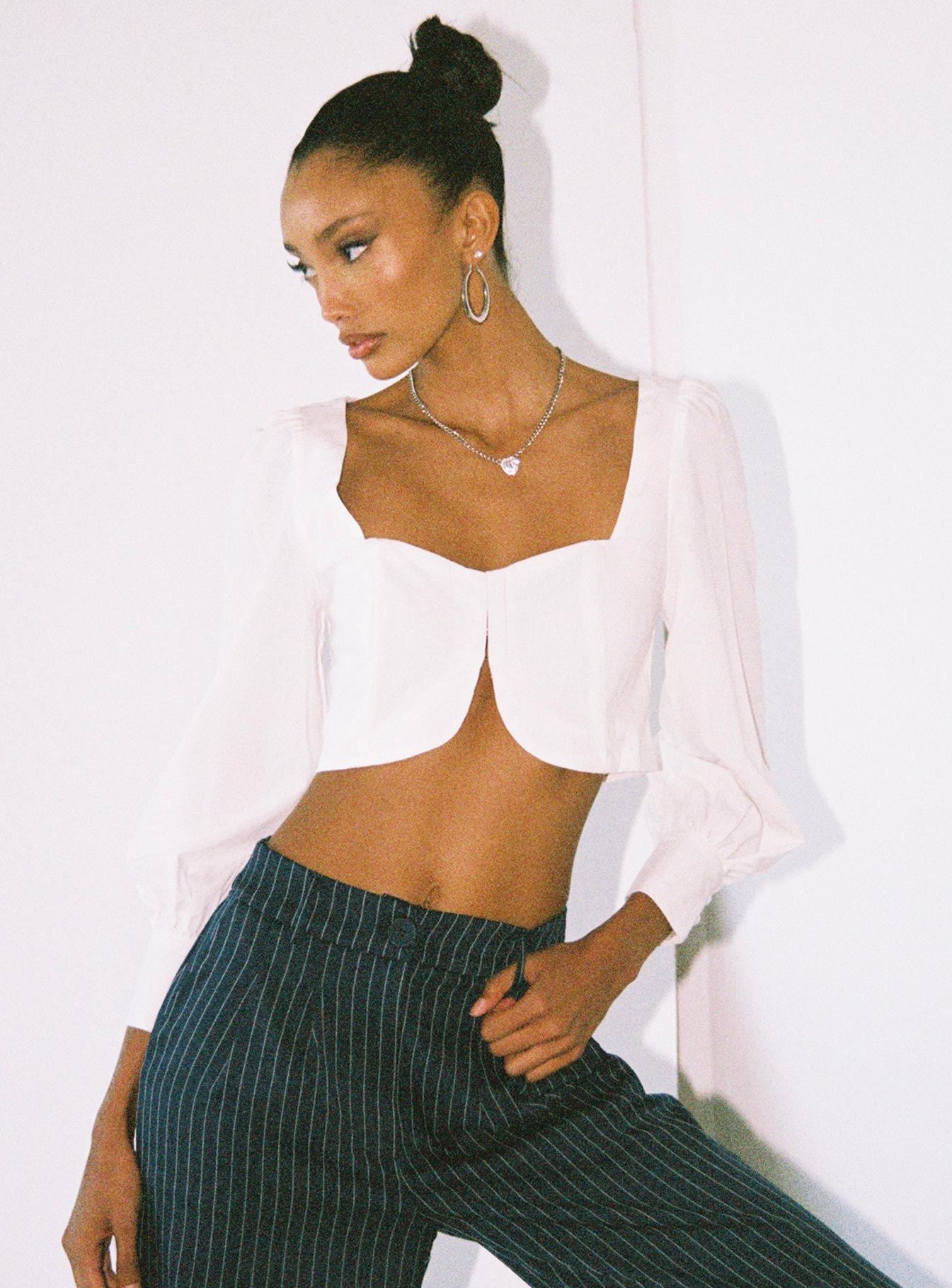 product Princess Polly Three Fourth Sleeves High Neck  Della Long Sleeve Top White