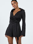 Playsuit Classic collar Plunging neckline Wrap style design with tie fastening Long sleeves Invisible zip fastening at side