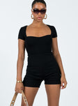 Romper Ribbed material Wide square neckline Cut out back Fixed tie fastening at back Good stretch Fully lined