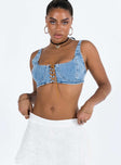 Crop top Mid wash denim Adjustable shoulder straps Scooped neckline Wired cups Elasticated band at back Lace up with tie fastening at front