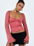 Long sleeve top Silky material Sheer flared sleeves Twist front detail Wired cups Elasticated shoulders