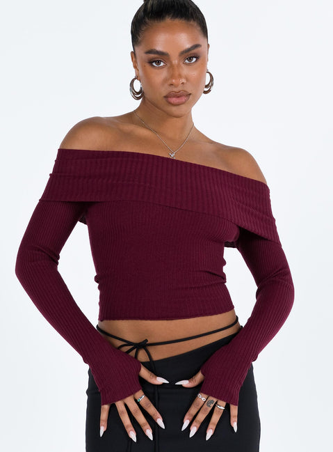Morley Off Shoulder Sweater L | XL | Burgundy | Womens | Princess Polly Lower Impact Morley Off Shoulder Sweater L | XL | Burgundy | Womens | Princess Polly Lower Impact