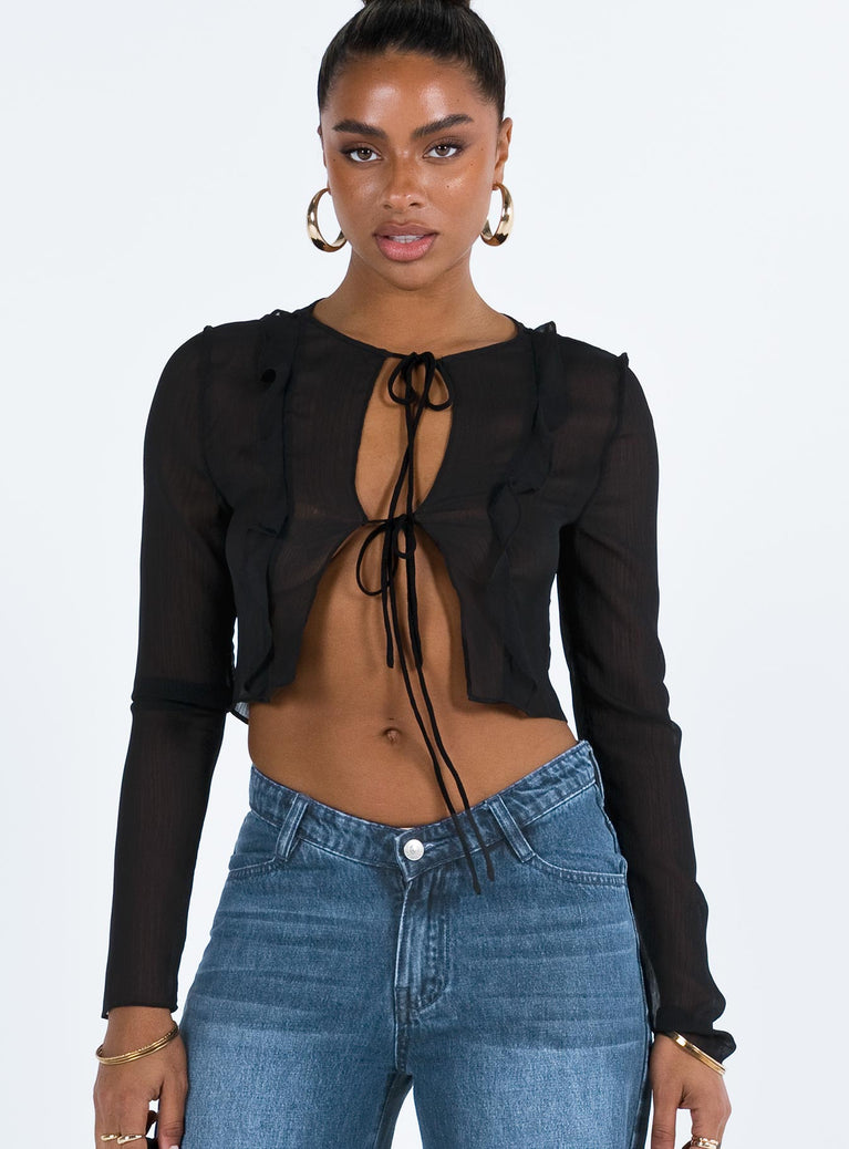 Long sleeve top Tie fastening at front Frill detail Sheer design 