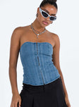 Strapless top Mid wash denim Sweetheart neckline Hook and eye fastening at front Stitched detail throughout Good stretch Unlined