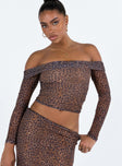 Long sleeve top Mesh material Leopard print Off the shoulder design Folded neckline Good stretch Lined body