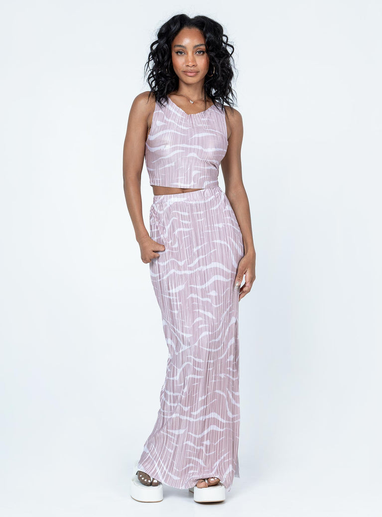 Matching set Silky material  Delicate material - wear with care  Pleated design  Crop top  Raw edges  High waisted midi skirt  Elasticated waistband  High side slit 