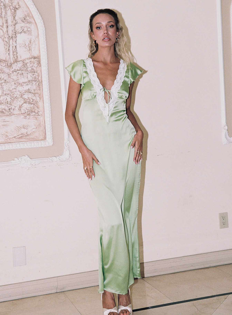 Princess Polly Plunger  Armas Lace Trim Maxi Dress Green