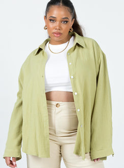 front view of model wearing Princess Polly Mahalia Shirt Green Curve 