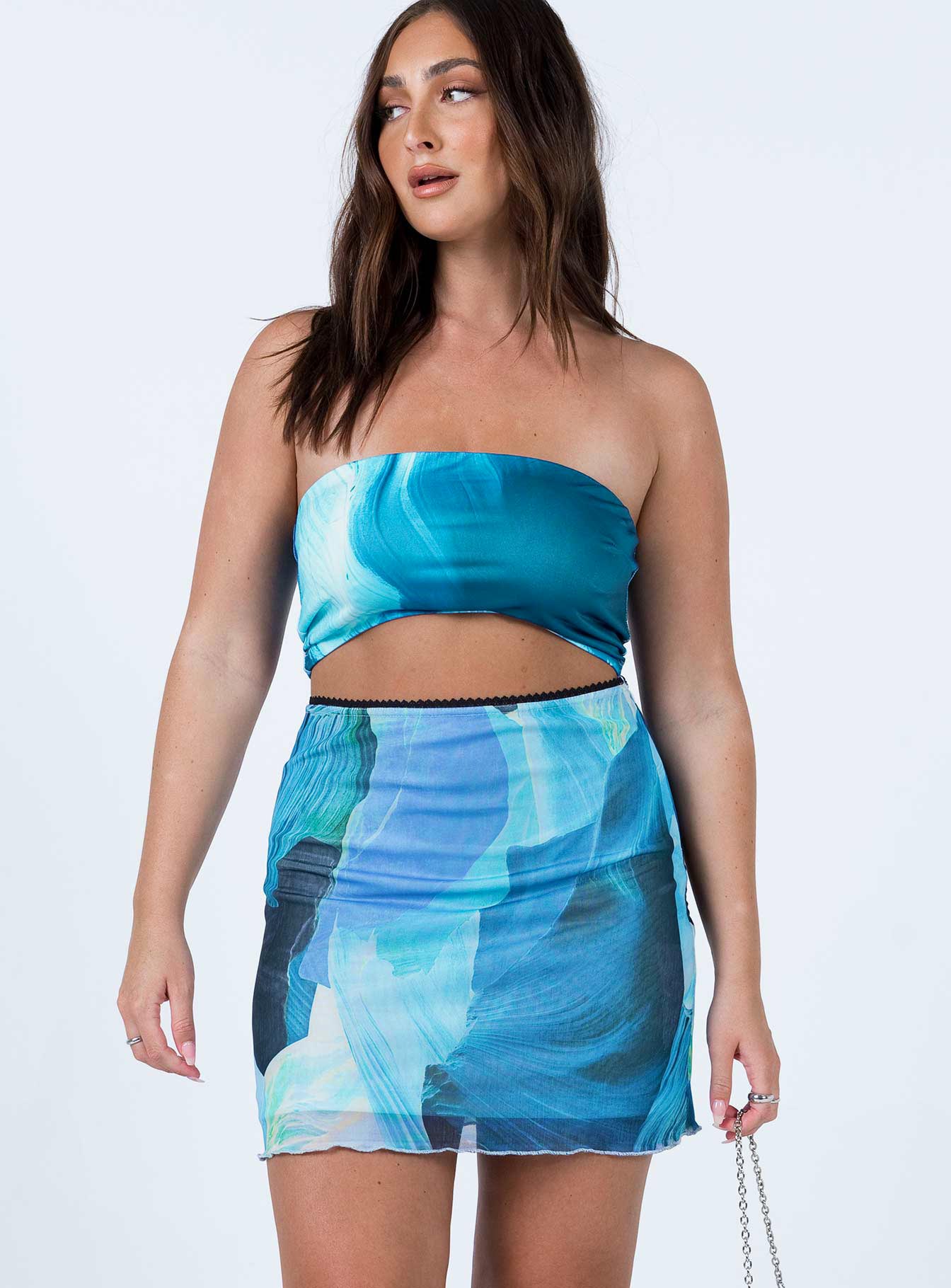   front view of model wearing Princess Polly Adyn Mini Skirt Blue 