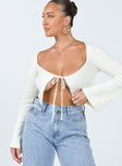 Long sleeve top Ribbed knit material Wide neckline Open front with tie fastening Flared sleeves
