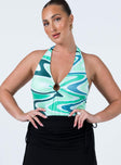 front view of model wearing Princess Polly Briana Bodysuit Green Multi Sleeveless Plunger 