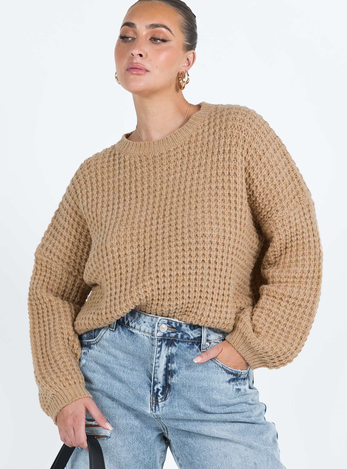 front view of model wearing Princess Polly Calvary Sweater Beige Long 