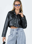Cropped jacket Faux leather material Croc print Classic collar Press button fastening Twin chest pockets Single button cuff