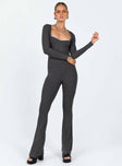 Grey long sleeve jumpsuit Ribbed material Square neckline Cut out at back with tie fastening Good stretch Partially lined