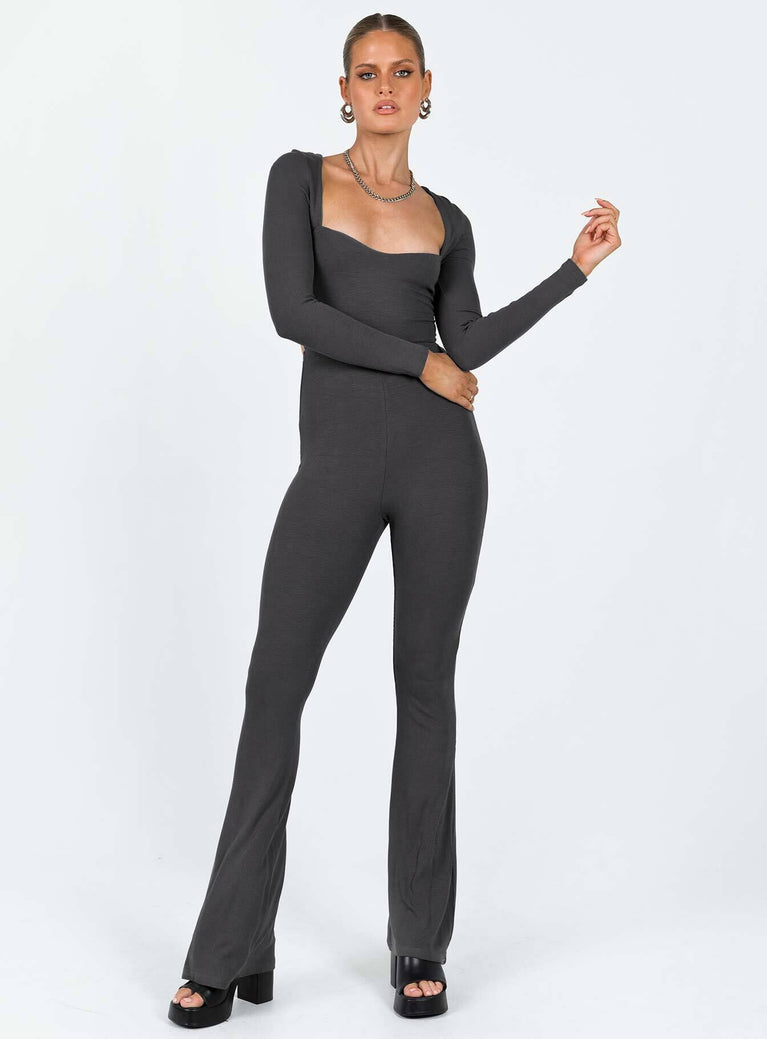 Grey long sleeve jumpsuit Ribbed material Square neckline Cut out at back with tie fastening Good stretch Partially lined