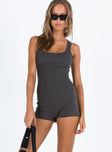 Grey romper Ribbed material Scooped neckline Invisible zip fastening at back Good stretch Unlined 