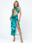 Matching set Silky material  Delicate material - wear with care  Printed design  Crop top  Can be tied multiple ways  High waisted midi skirt  Twisted waistband  High side slit  Non-stretch Lined bust 
