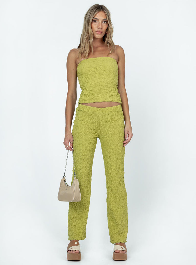 Green matching set Textured material Strapless top Elasticated band at bust Pants Straight leg Elasticated waistband