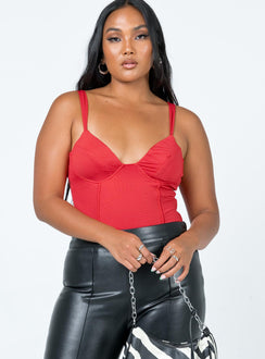 front view of model wearing Princess Polly Peyton Bodysuit Red Sleeveless Sweetheart 