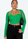 Green long sleeve top Mesh material  Halter neck tie fastening  Wired cups Boning through front  Invisible zip fastening at side  Sheer sleeves Good stretch  Lined body 