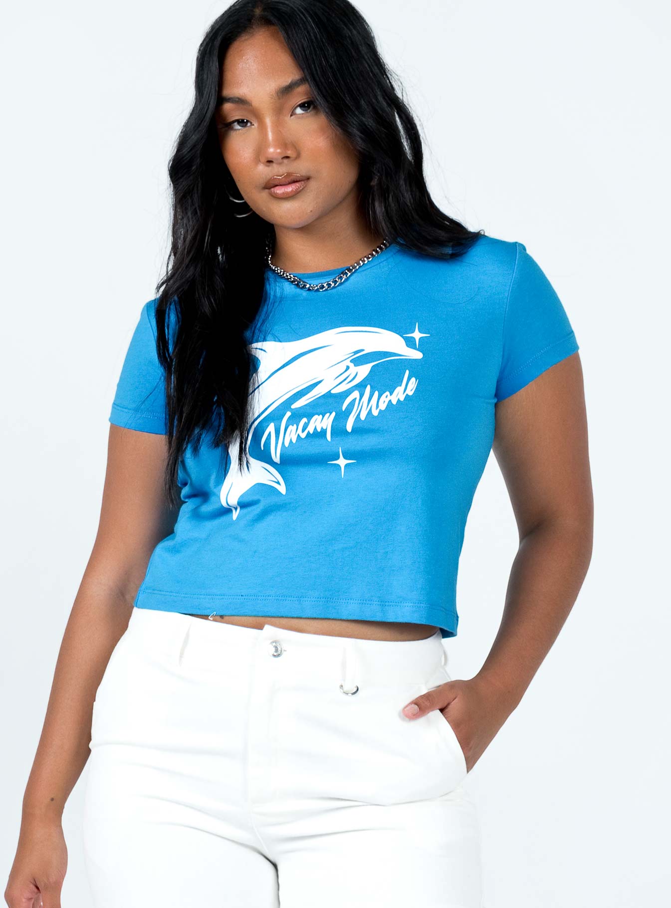 front view of model wearing Princess Polly Vacay Mode Tee Blue Short Sleeves Crew Neck 