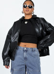 Black bomber jacket Faux leather material Pointed collar Twin hip pockets Elasticated waistband  Single button cuff