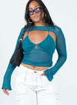 Two piece top Sheer mesh material Long sleeve bolero Slit at cuff Crop top Adjustable shoulder straps Keyhole cut out at bust Adjustable ruched coverage